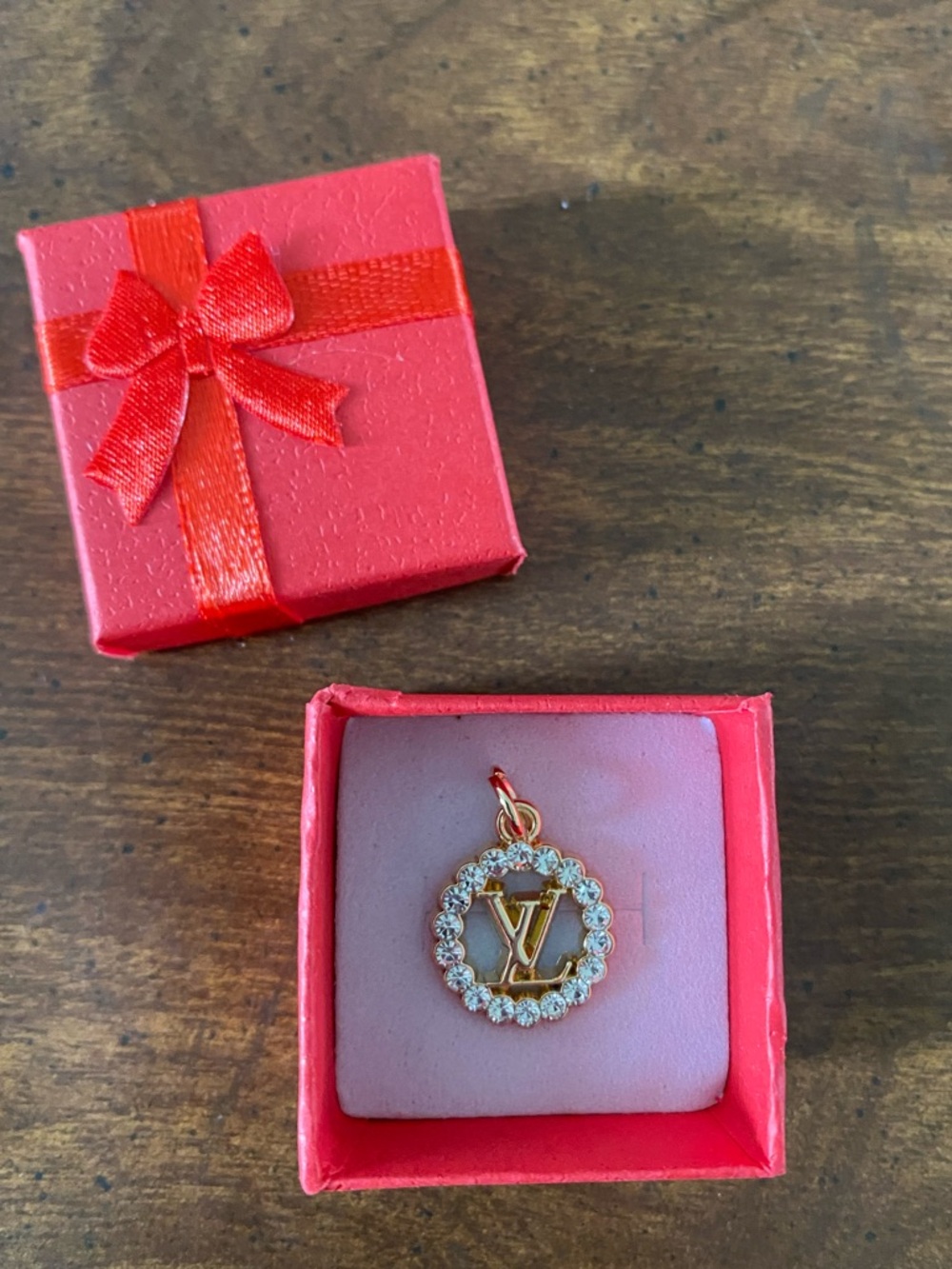 Louis Vuitton Round Gold Logo Zipper Pull Charm with Clear Stones